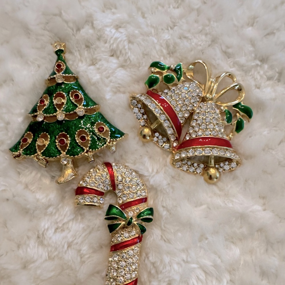 3 Beautiful CHRISTMAS PINS. Cane and tree are  2 1/2” and bells are 2 1/2” wide